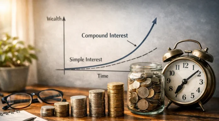 Exponential growth of long-term investments via compound interest.