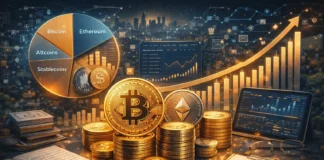 Illustration of a diversified cryptocurrency portfolio with digital coins, charts, and a long-term investment strategy.