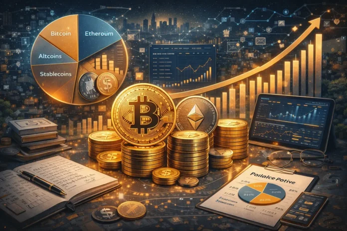 Illustration of a diversified cryptocurrency portfolio with digital coins, charts, and a long-term investment strategy.