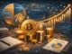 Illustration of a diversified cryptocurrency portfolio with digital coins, charts, and a long-term investment strategy.