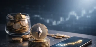 Blockchain staking visualization showing decentralized network nodes and validators securing cryptocurrency transactions in a futuristic digital environment.