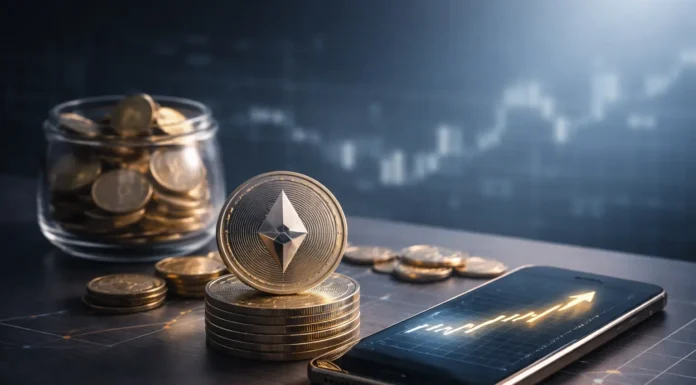 Blockchain staking visualization showing decentralized network nodes and validators securing cryptocurrency transactions in a futuristic digital environment.