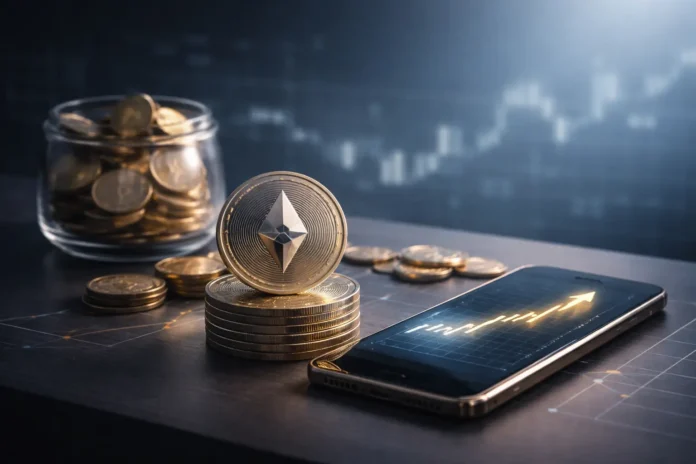 Blockchain staking visualization showing decentralized network nodes and validators securing cryptocurrency transactions in a futuristic digital environment.