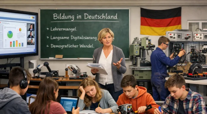 A German classroom scene with students and a teacher using digital and vocational tools, reflecting ongoing education system challenges.