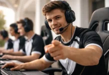 A gamer strategically uses trash talk in an esports match, showing confidence and focus.