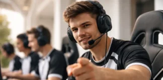 A gamer strategically uses trash talk in an esports match, showing confidence and focus.