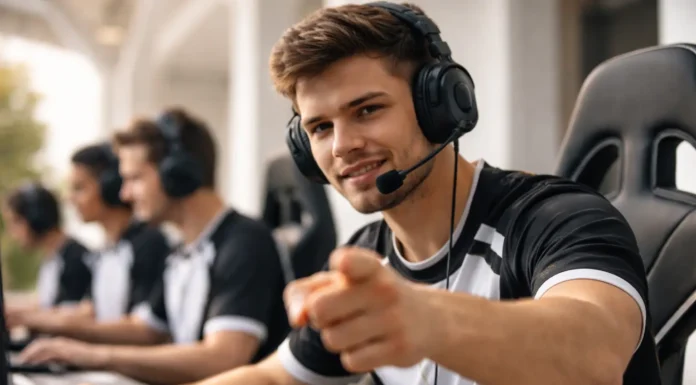 A gamer strategically uses trash talk in an esports match, showing confidence and focus.