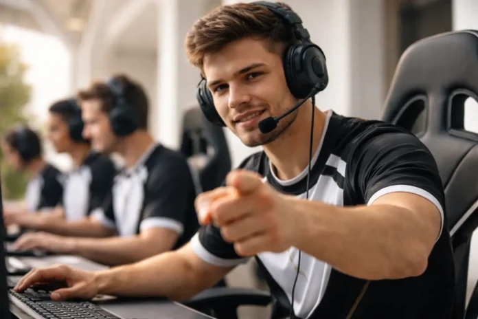 A gamer strategically uses trash talk in an esports match, showing confidence and focus.