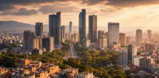 Mexico City skyline showing urban development and economic contrasts.