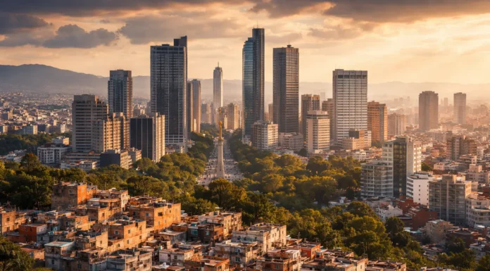 Mexico City skyline showing urban development and economic contrasts.