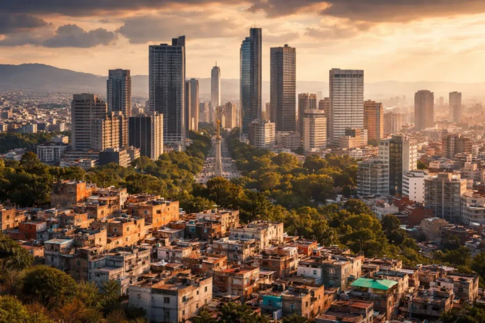 Mexico City skyline showing urban development and economic contrasts.
