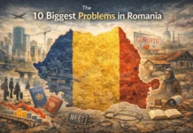 The 10 Biggest Problems in Romania Illustration representing Romania’s major economic and social challenges, including infrastructure, population decline, and brain drain.