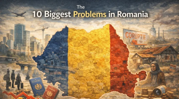 Illustration representing Romania’s major economic and social challenges, including infrastructure, population decline, and brain drain.