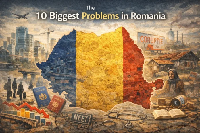 Illustration representing Romania’s major economic and social challenges, including infrastructure, population decline, and brain drain.