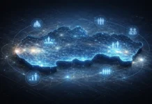 Futuristic glowing map of Slovakia with digital overlays and network connections, illustrating key national systems such as energy, workforce movement, and industrial concentration.