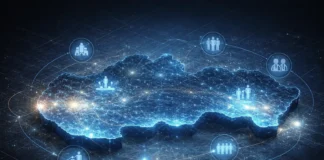 Futuristic glowing map of Slovakia with digital overlays and network connections, illustrating key national systems such as energy, workforce movement, and industrial concentration.