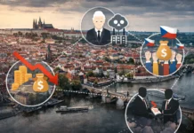 The 10 Biggest Problems in the Czech Republic Aerial view of Prague featuring visual icons that represent major issues, including economic decline, an aging population, corruption, housing affordability, and environmental pollution.