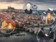 Aerial view of Prague featuring visual icons that represent major issues, including economic decline, an aging population, corruption, housing affordability, and environmental pollution.