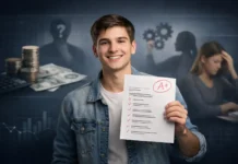 Student holding high test scores while lacking real-world skills like critical thinking, financial literacy, and communication