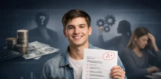 Student holding high test scores while lacking real-world skills like critical thinking, financial literacy, and communication