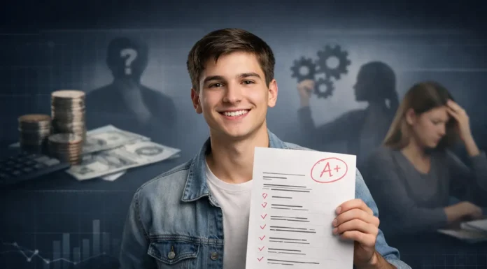 Student holding high test scores while lacking real-world skills like critical thinking, financial literacy, and communication