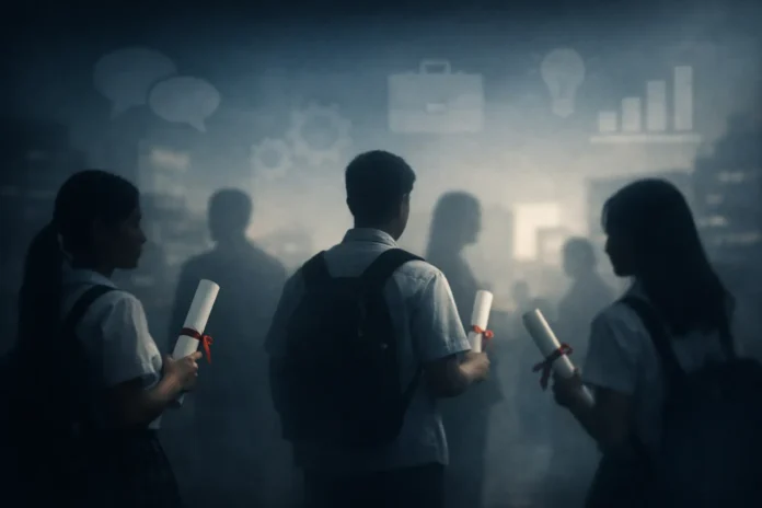 Filipino students holding diplomas but struggling with communication, problem-solving, and real-world skills.