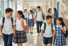 Philippine students in a school hallway, representing anti-bullying efforts in classrooms.