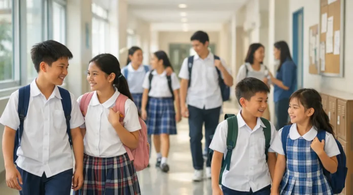 Philippine students in a school hallway, representing anti-bullying efforts in classrooms.