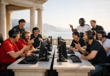 Illustration of the top 10 global gamers engaging in witty and competitive trash talk during esports matches.