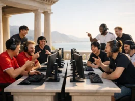 Illustration of the top 10 global gamers engaging in witty and competitive trash talk during esports matches.