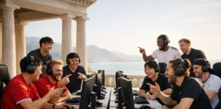 Illustration of the top 10 global gamers engaging in witty and competitive trash talk during esports matches.