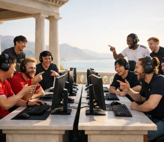 Illustration of the top 10 global gamers engaging in witty and competitive trash talk during esports matches.