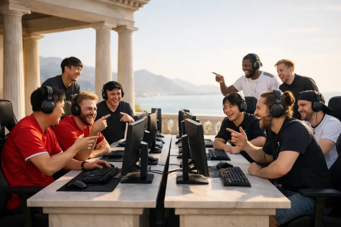 Illustration of the top 10 global gamers engaging in witty and competitive trash talk during esports matches.