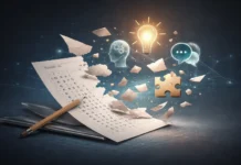 Conceptual image showing standardized test paper breaking into fragments representing creativity, critical thinking, and real-world skills, symbolizing limitations of high test scores in measuring education quality