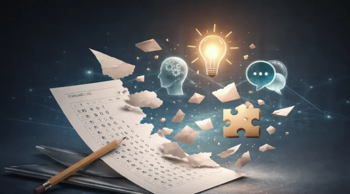 Conceptual image showing standardized test paper breaking into fragments representing creativity, critical thinking, and real-world skills, symbolizing limitations of high test scores in measuring education quality