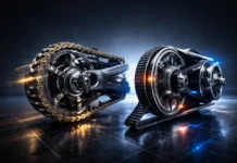 Motorcycle Chain Drive Compared to Scooter CVT Belt System, highlighting differences in durability and torque handling