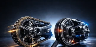 Motorcycle Chain Drive Compared to Scooter CVT Belt System, highlighting differences in durability and torque handling