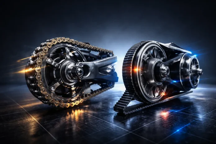 Motorcycle Chain Drive Compared to Scooter CVT Belt System, highlighting differences in durability and torque handling