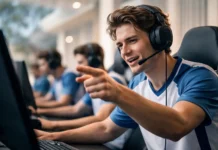 Gamer trash-talking opponents in an esports match, showing focus and determination.