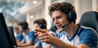 Gamer trash-talking opponents in an esports match, showing focus and determination.