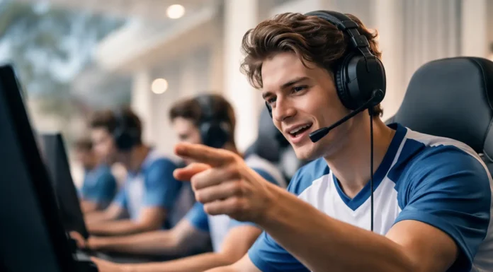 Gamer trash-talking opponents in an esports match, showing focus and determination.
