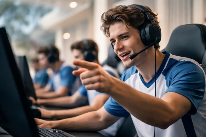 Gamer trash-talking opponents in an esports match, showing focus and determination.