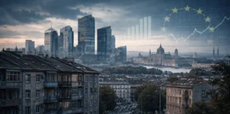 The Budapest skyline shows the Hungarian economy, where modern industry meets economic challenges across Central Europe.