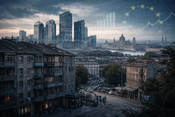 The Budapest skyline shows the Hungarian economy, where modern industry meets economic challenges across Central Europe.