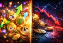 Visualization of meme coin hype versus financial risk with digital coins, social media energy, and market volatility elements