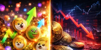 Visualization of meme coin hype versus financial risk with digital coins, social media energy, and market volatility elements