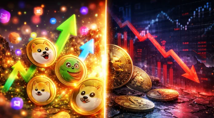 Visualization of meme coin hype versus financial risk with digital coins, social media energy, and market volatility elements