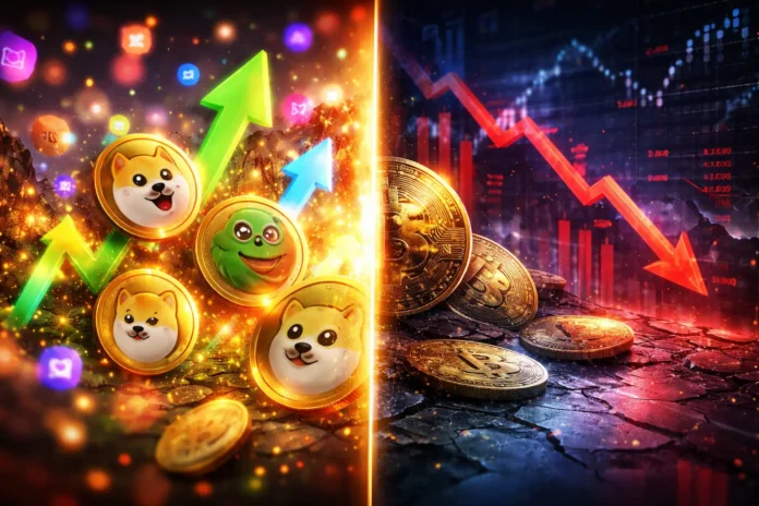 Visualization of meme coin hype versus financial risk with digital coins, social media energy, and market volatility elements