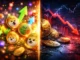 Visualization of meme coin hype versus financial risk with digital coins, social media energy, and market volatility elements