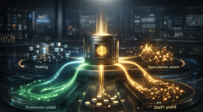 crypto passive income strategies visualization showing multiple income streams like staking, DeFi, and stablecoins generating continuous returns